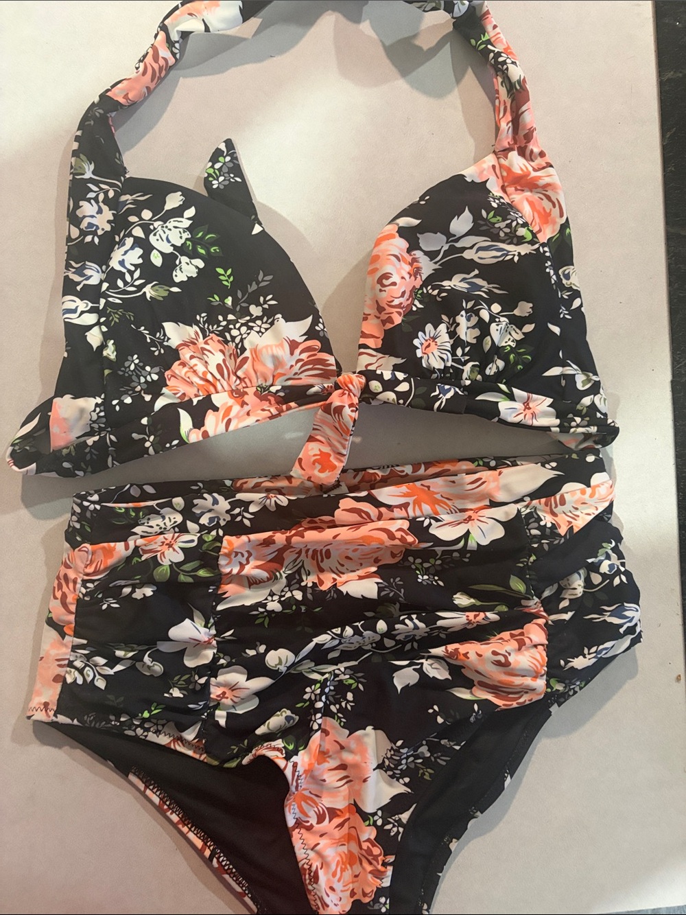 Cupshe Black Bikini with Peach Floral Print